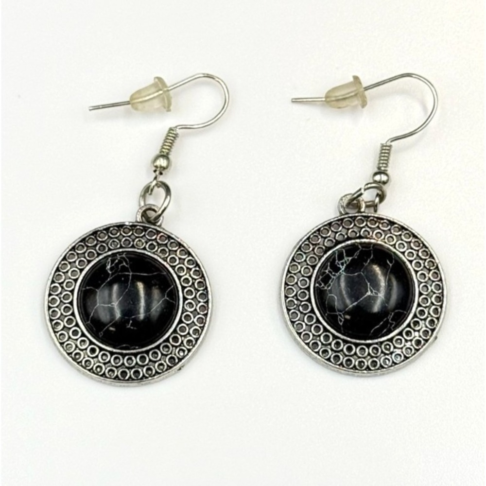 Silver-Tone Black Stone Drop Earrings